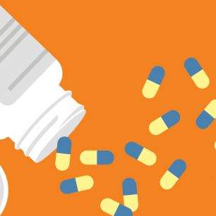 An image of a pill bottle spilling several capsules on an orange background